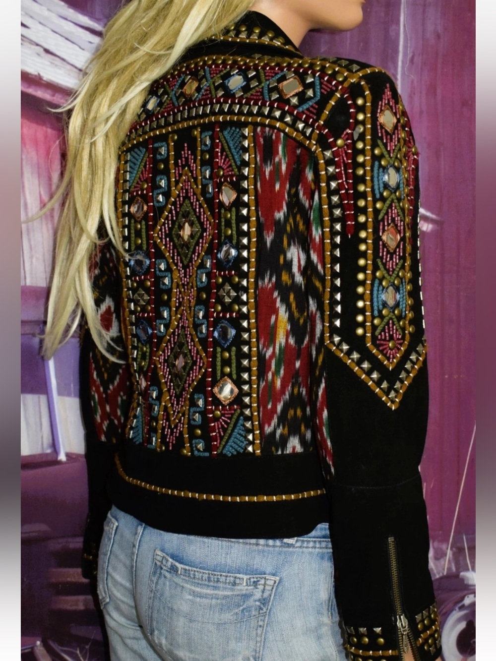Double D Ranch High Mountain Boho Studded Leather Jacket Size Large - Picture 7 of 11